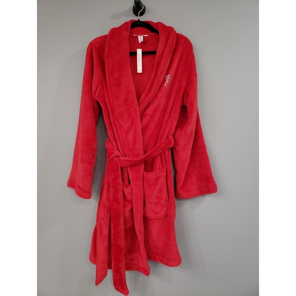 NEW Victoria's Secret Women's XS Red Plush Robe Rhinestone Logo Glam Spa Solid